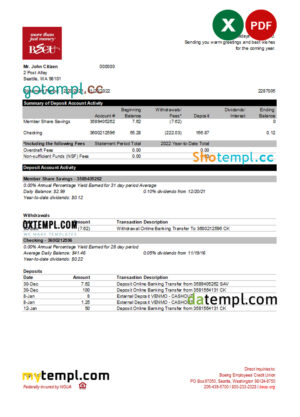 editable template, Australia BECU bank statement easy to fill template in Excel and PDF format, 2 pages