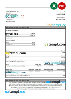 editable template, Australia Citibank bank statement easy to fill template in Excel and PDF format