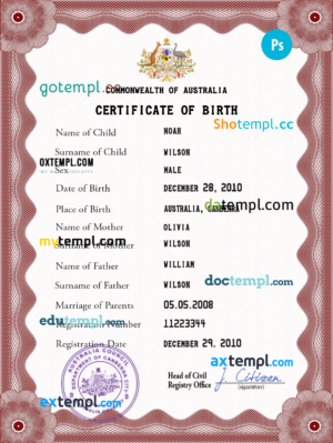 editable template, Australia vital record birth certificate PSD template