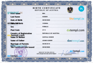 editable template, Austria vital record birth certificate PSD template, completely editable