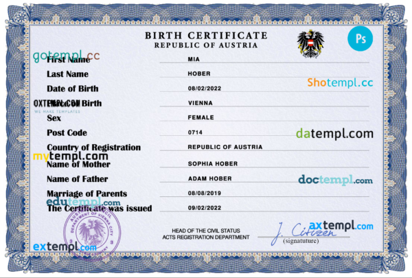 editable template, Austria vital record birth certificate PSD template, completely editable