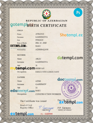 editable template, Azerbaijan birth certificate PSD template, completely editable