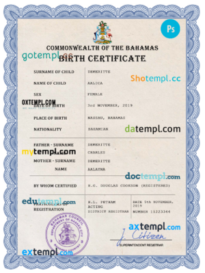editable template, Bahamas vital record birth certificate PSD template, fully editable