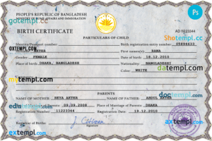 editable template, Bangladesh vital record birth certificate PSD template
