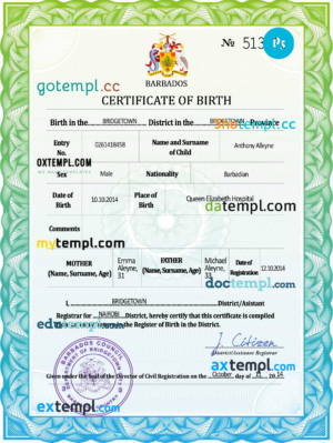 editable template, Barbados vital record birth certificate PSD template, completely editable