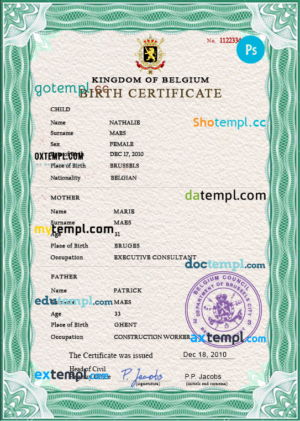 editable template, Belgium vital record birth certificate PSD template, fully editable