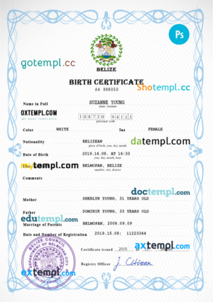 editable template, Belize vital record birth certificate PSD template