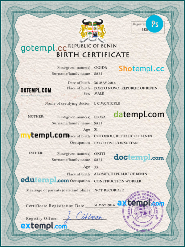 editable template, Benin vital record birth certificate PSD template, completely editable