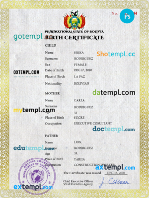 editable template, Bolivia vital record birth certificate PSD template, completely editable
