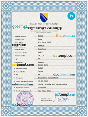 editable template, Bosnia and Herzegovina birth certificate PSD template, completely editable