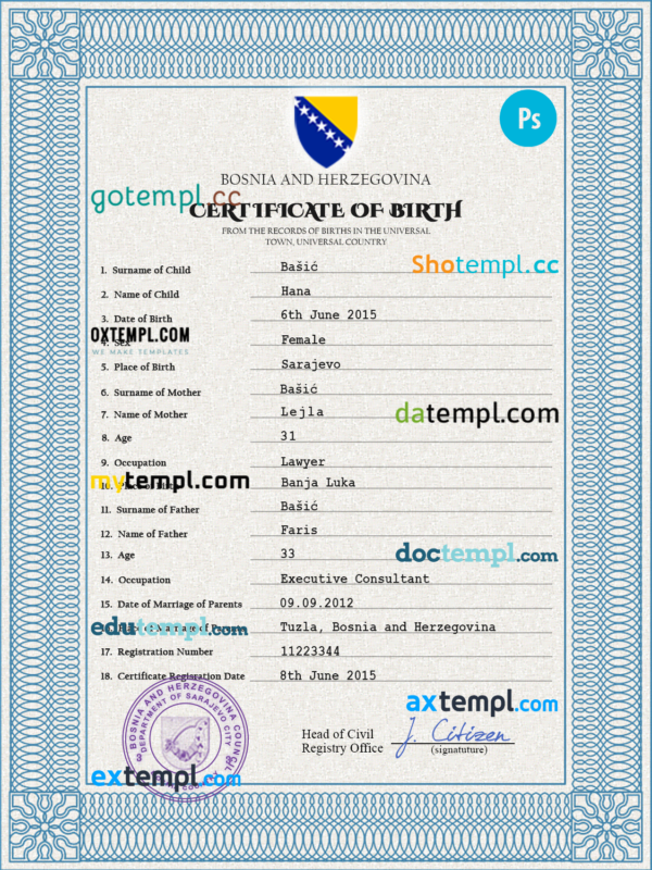 editable template, Bosnia and Herzegovina birth certificate PSD template, completely editable