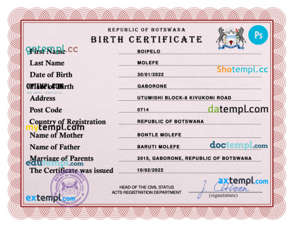 editable template, Botswana vital record birth certificate PSD template, fully editable