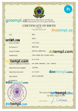 editable template, Brazil vital record birth certificate PSD template