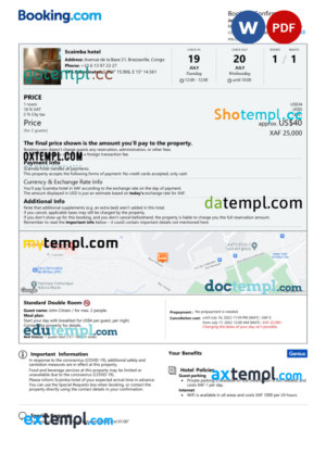 editable template, Congo hotel booking confirmation Word and PDF template, 2 pages