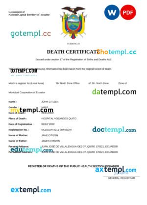 editable template, Ecuador vital record death certificate Word and PDF template