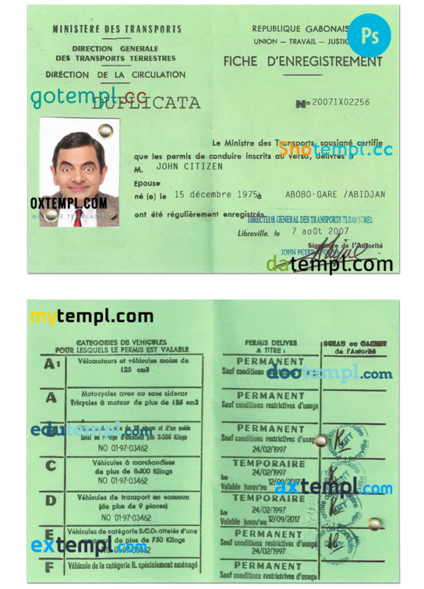 editable template, GABON driving license PSD template, with fonts