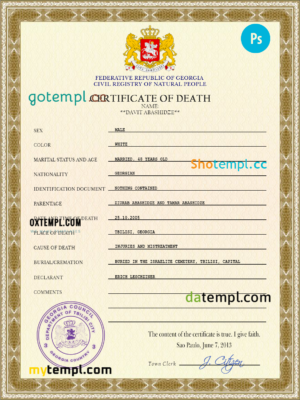 editable template, Georgia vital record death certificate PSD template, fully editable
