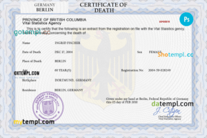 editable template, Germany death certificate PSD template, completely editable