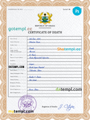 editable template, Ghana vital record death certificate PSD template, completely editable