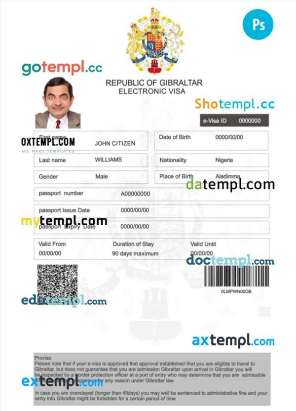 editable template, Gibraltar electronic visa PSD template, completely editable
