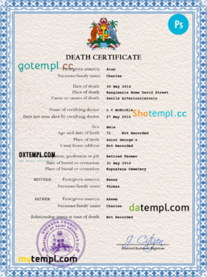 editable template, Grenada death certificate PSD template, completely editable