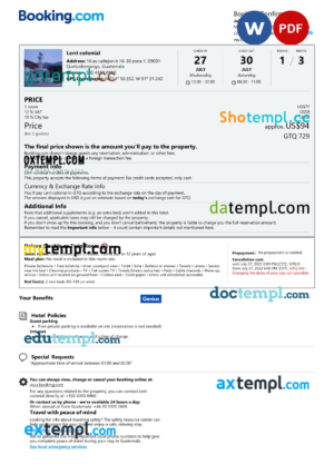 editable template, Guatemala hotel booking confirmation Word and PDF template
