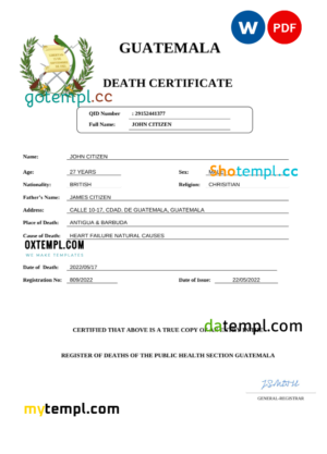 editable template, Guatemala death certificate Word and PDF template, completely editable