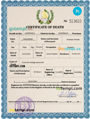 editable template, Guatemala vital record death certificate PSD template, fully editable