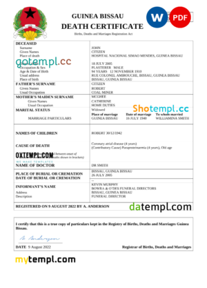 editable template, Guinea Bissau vital record death certificate Word and PDF template
