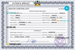 editable template, Guinea-Bissau vital record death certificate PSD template, completely editable