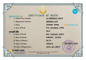 editable template, Guinea death certificate PSD template, completely editable