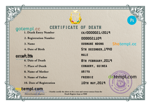 editable template, Guinea death certificate PSD template, completely editable