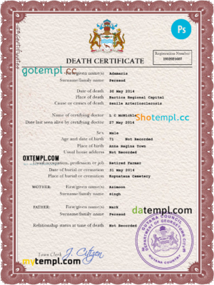 editable template, Guyana vital record death certificate PSD template