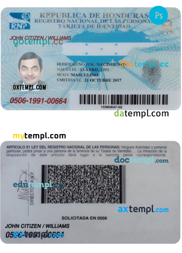 editable template, HONDURAS identity card PSD template, with fonts