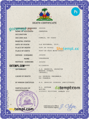 editable template, Haiti death certificate PSD template, completely editable