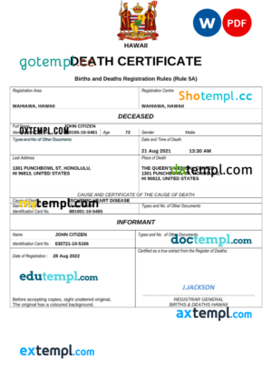 editable template, Hawaii death certificate Word and PDF template, completely editable