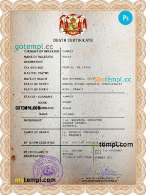 editable template, Hawaii vital record death certificate PSD template
