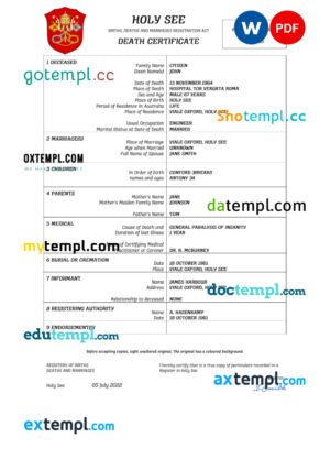 editable template, Holy See vital record death certificate Word and PDF template