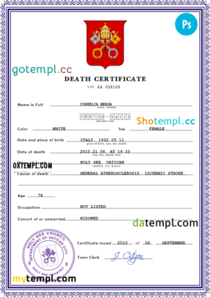 editable template, Holy See vital record death certificate PSD template, fully editable