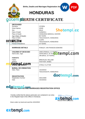 editable template, Honduras vital record death certificate Word and PDF template