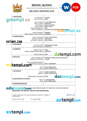 editable template, Hong Kong death certificate Word and PDF template, completely editable