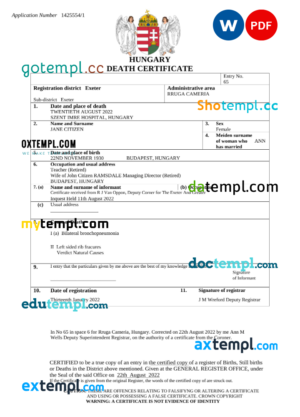editable template, Hungary vital record death certificate Word and PDF template