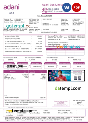 editable template, India Adani utility bill template in Word and PDF format