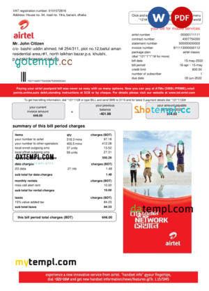 editable template, India Airtel telecommunication services utility bill template in Word and PDF format