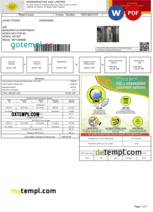 editable template, India INDRAPRASTHA GAS LIMITED utility bill template in Word and PDF format
