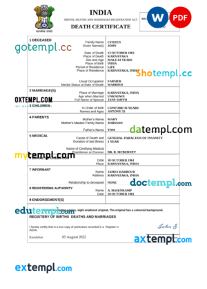 editable template, India death certificate Word and PDF template, completely editable