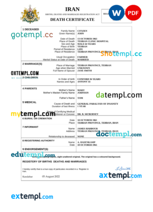 editable template, Iran death certificate Word and PDF template, completely editable