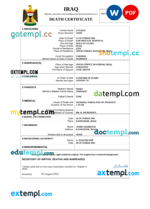 editable template, Iraq vital record death certificate Word and PDF template