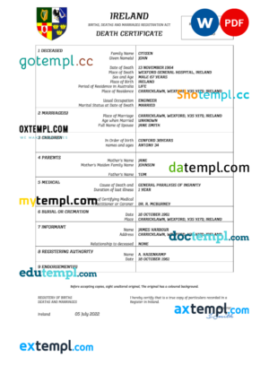 editable template, Ireland vital record death certificate Word and PDF template