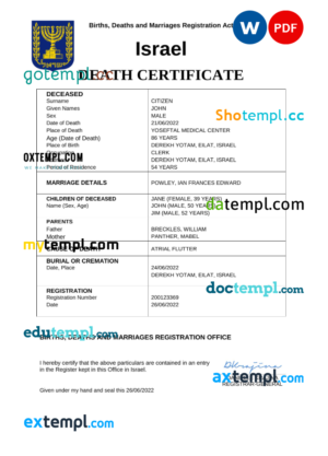 editable template, Israel death certificate Word and PDF template, completely editable